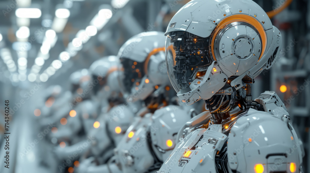 Poster group of robots standing in a straight line. a line of robots standing one next to the other, showca