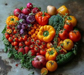 Assortment of Fresh Vegetables Displayed on a Table. A vibrant mix of various types of vegetables laid out on a table.