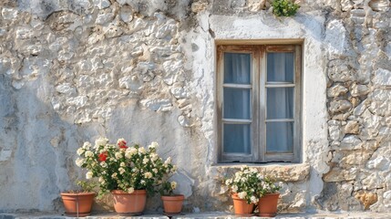 Fototapeta na wymiar a couple of potted plants sitting in front of a window on a stone building with a window sill on the side of the building and a window sill.