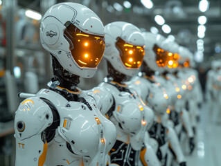 A Row of Robot Suits With Yellow Eyes. A lineup of mechanical exoskeletons complete with yellow glowing eyes.