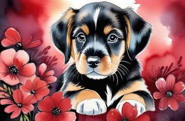 little puppy sitting in a meadow with red flowers, watercolor