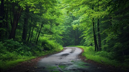  a wet road in the middle of a forest with lots of trees on both sides and a wet road in the middle of the forest with lots of trees on both sides.