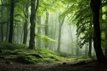 Gordijnen Misty woodland landscape with lush trees, ideal for wallpaper or background usage. Generative AI © Elina
