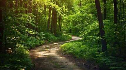 Obraz premium a dirt road in the middle of a forest with lots of trees on both sides of the road and a lush green forest on the other side of the road.