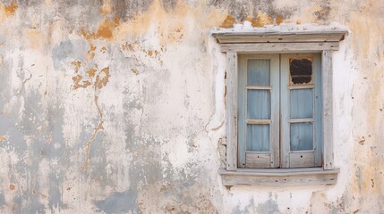  an old building with peeling paint and a window with a broken pane of glass on the side of the building with peeling paint on the side of the building.