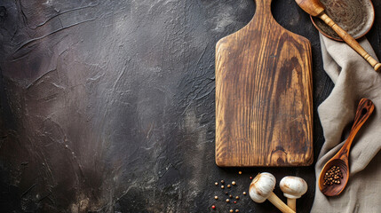Top view of dark rustic kitchen table with wooden cutting board and cooking. Ai Generative - obrazy, fototapety, plakaty