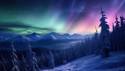 View of night sky with aurora borealis and mountain peak background. Night glows in vibrant aurora reflection on the lake with forest.