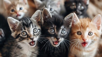 a close up of a bunch of kittens with different expressions     - obrazy, fototapety, plakaty