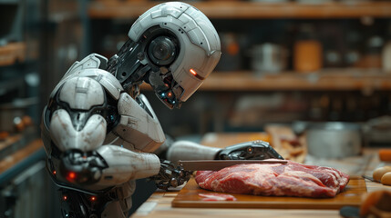 Innovative humanoid robot lends hand in meal preparation, slicing meat - obrazy, fototapety, plakaty