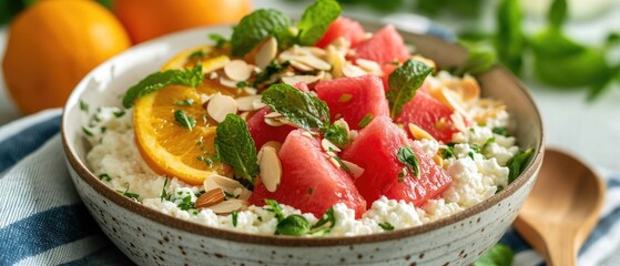 A bowl of homemade cottage cheese topped with grilled watermelon and orange slices, garnished with sliced almonds, a fresh and healthy homemade meal.