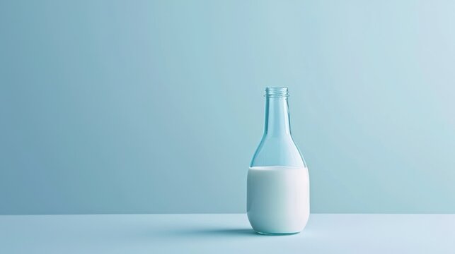  a bottle of milk on a table with a light blue wall behind it and a light blue wall behind it and a light blue wall behind the bottle of milk.