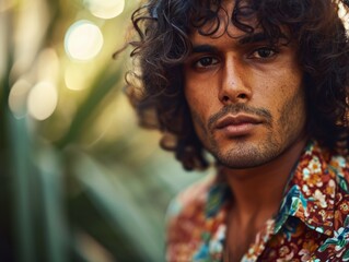 Fototapeta premium Photorealistic Adult Indian Man with Brown Curly Hair vintage Illustration. Portrait of a person in 1970s era aesthetics. Disco fashion. Historic photo Ai Generated Horizontal Illustration.