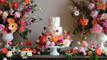  a table topped with a tall white cake covered in lots of flowers next to vases filled with pink, orange, and white flowers next to a white cake.
