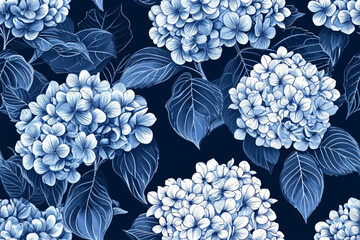 Hydrangea seamless pattern vintage floral botanical flower print - obrazy, fototapety, plakaty