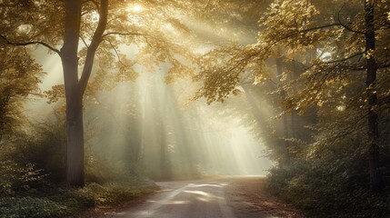Naklejka premium a dirt road in the middle of a forest with sunbeams shining through the trees on either side of the road is a dirt road that leads to a wooded area with lots of trees on both sides.
