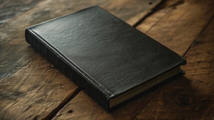 Close up view of a black book on a wooden table    - obrazy, fototapety, plakaty