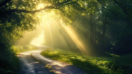  the sun shines brightly through the trees on a tree lined road in the middle of a lush green forest, with a winding path leading to the right of the camera.