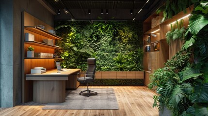 Fototapeta na wymiar A biophilic design workspace integrating living green walls, wood and stone textures, and nature-inspired stationery, promoting sustainability and natural well-being