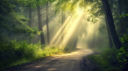 a dirt road in the middle of a forest with sunbeams shining through the trees on either side of the road is a dirt road surrounded by grass and trees.