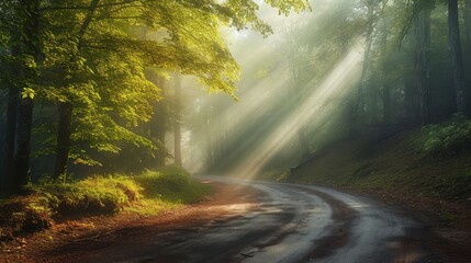  a dirt road in the middle of a forest with sunbeams shining through the trees on either side of the road is a wet road with a wet surface.