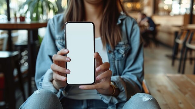 Close-up image of a woman in jeans relaxes sitting in the cafe and using her smartphone. smartphone white screen mockup for display your graphic banner.   