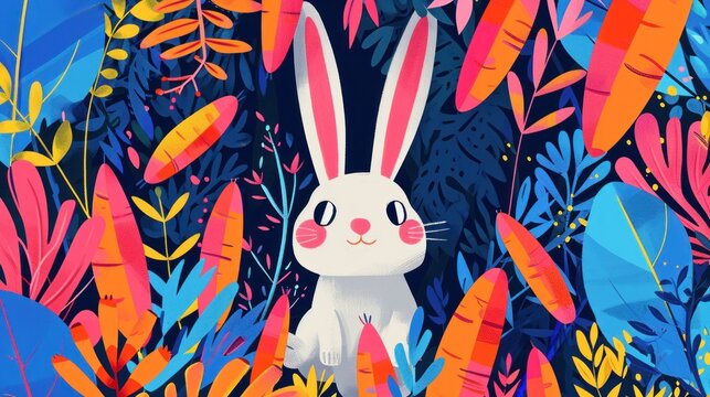  a painting of a bunny rabbit surrounded by tropical plants and leaves in a blue, pink, orange, and pink hued painting of a rabbit in the middle of the image.