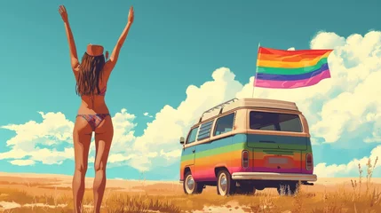 Rucksack illustration back view of anonymous woman in bikini standing near van with LGBT flag and raising arms up against sunny sky       © Emil