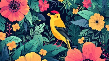 Obraz na płótnie Canvas a yellow bird sitting on top of a lush green forest filled with pink, yellow, and orange flowers and green leaves on a dark background of red and yellow flowers.