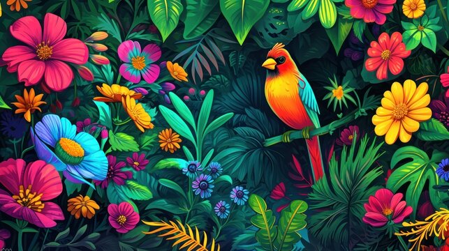 a painting of a bird sitting on a branch surrounded by tropical flowers and leaves on a black background with a red, yellow, blue, pink, and green color scheme.
