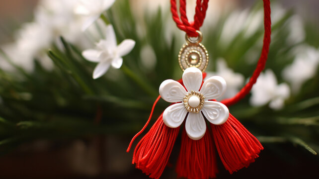 Martisor, red and white, yarn floss thread, holiday of welcoming spring in Moldova and Romania, celebrated on March , tradition give boutonnieres in the form of flowers Baba Marta.