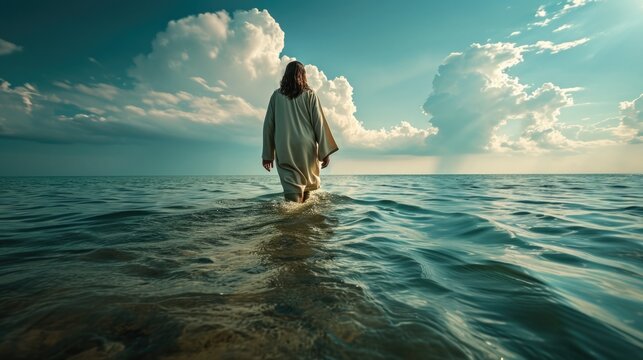 back view, Jesus Christ walking on the water, miracles