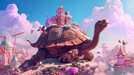 A magical bakery on the back of a giant turtle roams a land of sugar. Ai Generative
