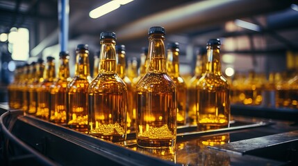 Obraz premium Beer bottles on conveyor belt in modern beverage factory, industrial manufacturing equipment