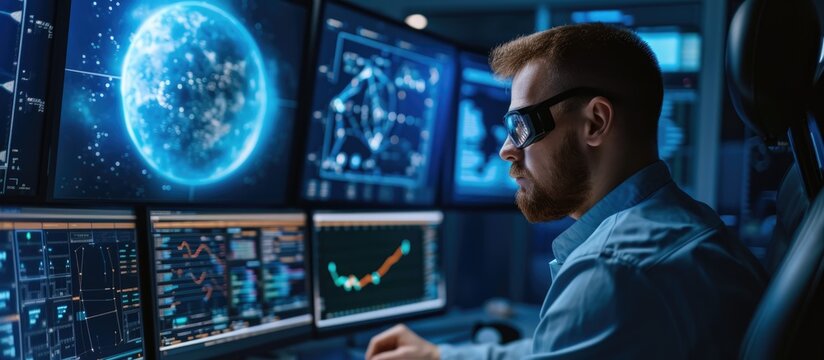 Male engineer works on satellite construction, using computer software for spacecraft programming and assembly.