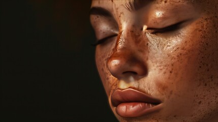 Woman with pigmentation and freckles on the body close-up on a dark background    