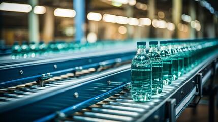 Beverage factory interior  modern equipment with water pet bottles on belt conveyor