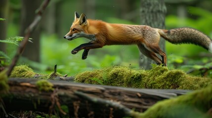  a red fox jumps over a mossy log in a wooded area with trees and a fallen log in the foreground, in the foreground is a fern covered forest.