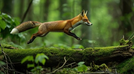 Obraz premium a red fox jumps over a mossy log in a forest filled with green plants and trees, in the foreground is a mossy area with a fallen tree trunk and a.