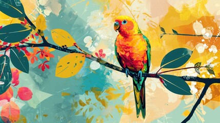  a painting of a bird sitting on a tree branch with leaves and flowers in the background, with a blue sky and yellow sky in the background, with red and green leaves.