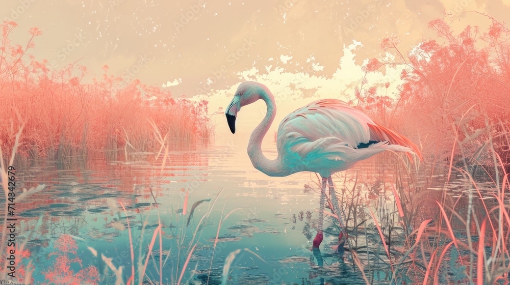 Poster a pink flamingo standing in a body of water surrounded by tall grass and reeds, with a pink sky in t