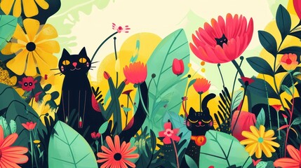  a painting of a black cat sitting in a field of flowers with yellow, red, and pink flowers in the foreground and green leaves and yellow flowers in the background.