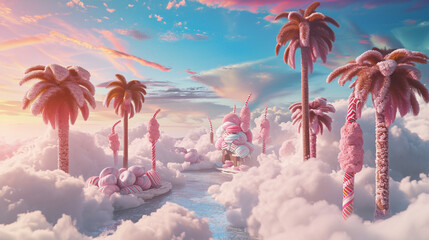 A mythical dessert island emerges from cotton candy clouds. Ai Generative - obrazy, fototapety, plakaty