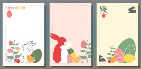 Easter greeting poster, flyer design card. Bunny rabbit, Easter eggs, spring plants. Pattern for presentation, brochure, banner, templates set, background.