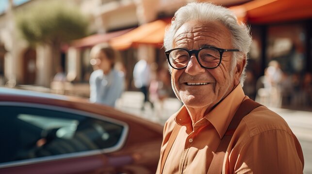 Joyful european senior citizen driving a car, seen from outside on the street