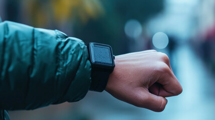  a close up of a person's arm with a smart watch on it's wrist and a green jacket on the other side of the man's arm. - obrazy, fototapety, plakaty