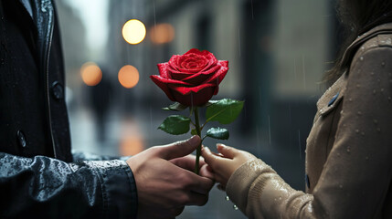 Man giving woman a red rose. Romantic gift for valentine's day on a rainy day - Powered by Adobe