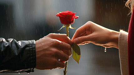 Love, rose and valentine's day with a boyfriend hand giving a red rose to his girlfriend, in celebration of romance. Dating, flower bouquet or surprise with a man giving a red rose to woman - obrazy, fototapety, plakaty