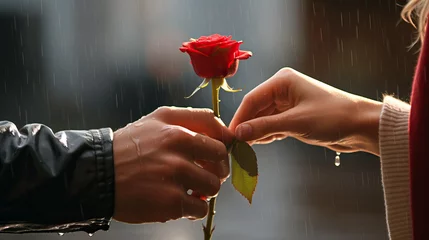 Fototapeten Love, rose and valentine's day with a boyfriend hand giving a red rose to his girlfriend, in celebration of romance. Dating, flower bouquet or surprise with a man giving a red rose to woman © FutureStock