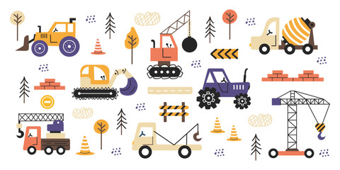 Large vector set of cute cars, road signs. Hand drawn diggers - tractor, concrete mixer, cargo crane, bulldozer, excavator. Road signs, trees. Colored flat illustrations isolated on white background. 