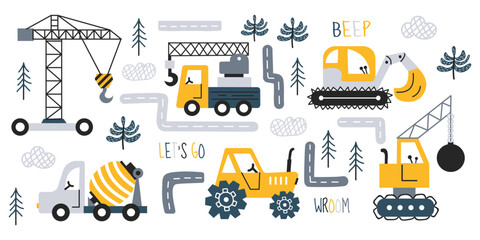 Collection of cute construction vehicles. Kids vector set with tractor, truck, concrete mixer, excavator, road wear and lettering. Set of cars in Scandinavian style. Doodle style diggers. White bg.